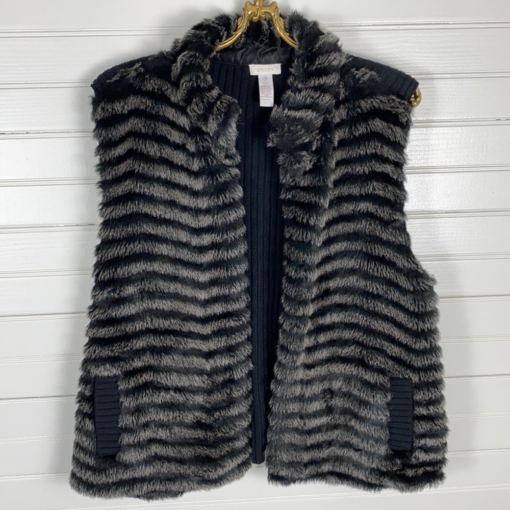 Chico's Black and Gray Faux Fur Vest